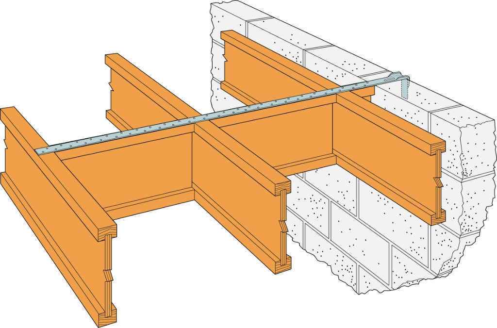 Simpson Strong-Tie HES strap structural installation diagram running flat across engineered I-joists into a blockwork masonry wall